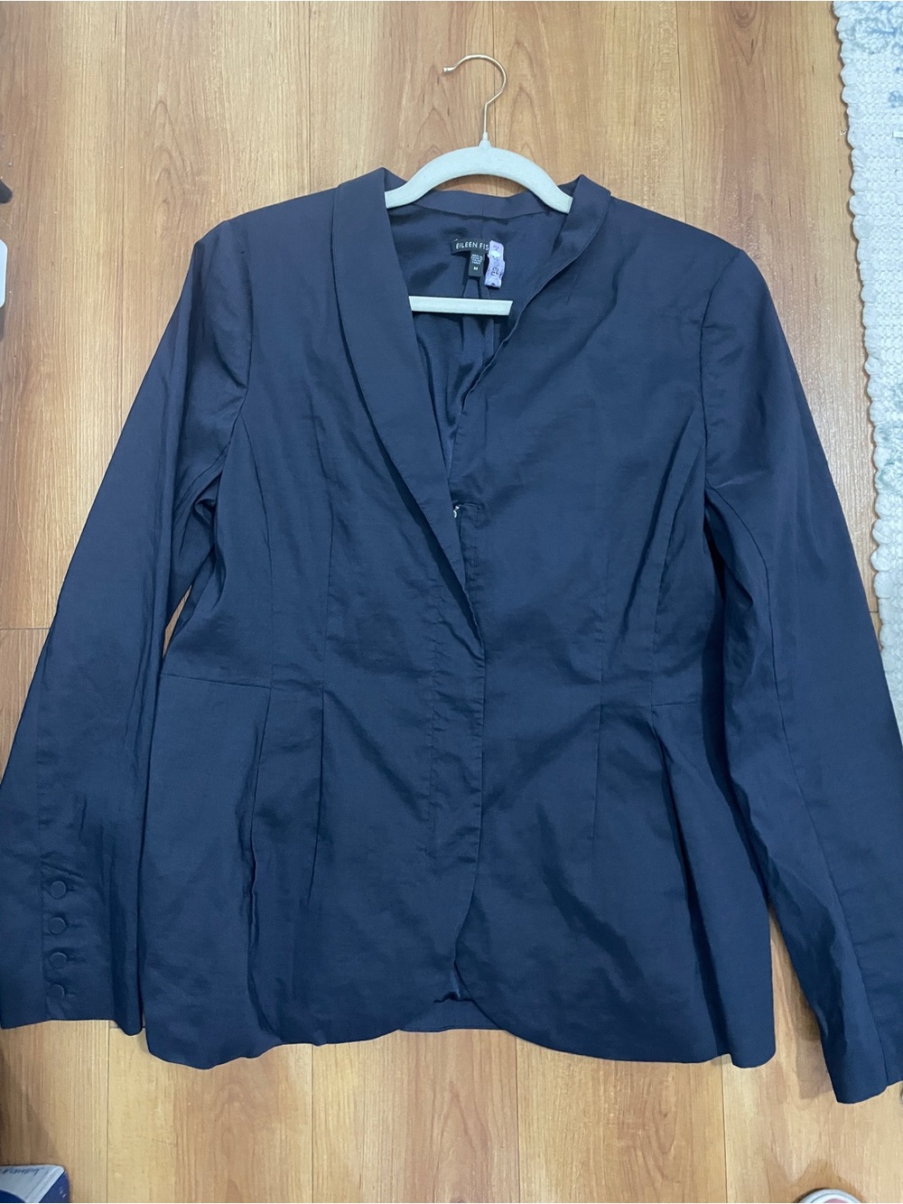 Eileen Fisher Polished Ramie Stretch Blazer M Navy Italian Fabric Silk Lined